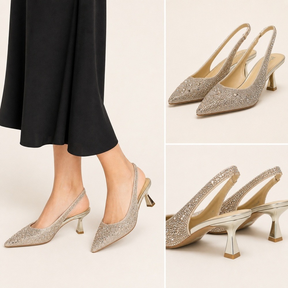 Betsey Johnson Clark Rhinestone Slingback Pumps Heels Wedding Evening Gold 7.5M